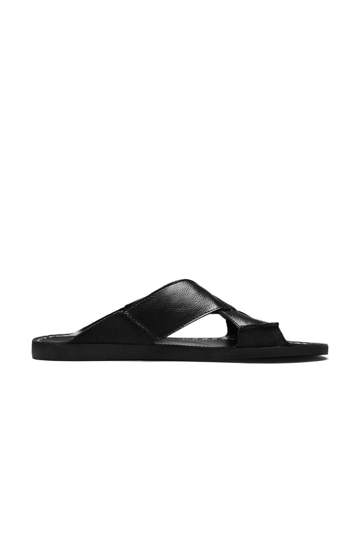 Men’s black cross-strap leather slide sandals with cowhide upper and stitched footbed design side view