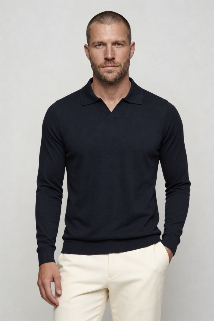 Men’s navy long sleeve knit polo shirt with tailored fit and structured collar