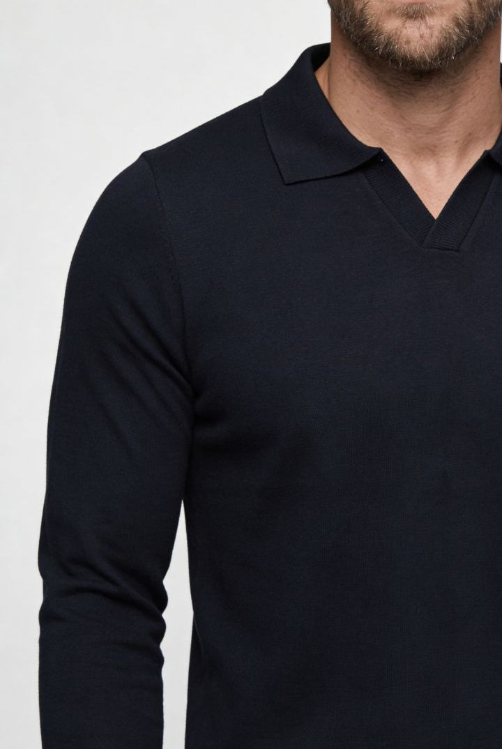 Men’s navy long sleeve knit polo shirt with tailored fit and structured collar close up