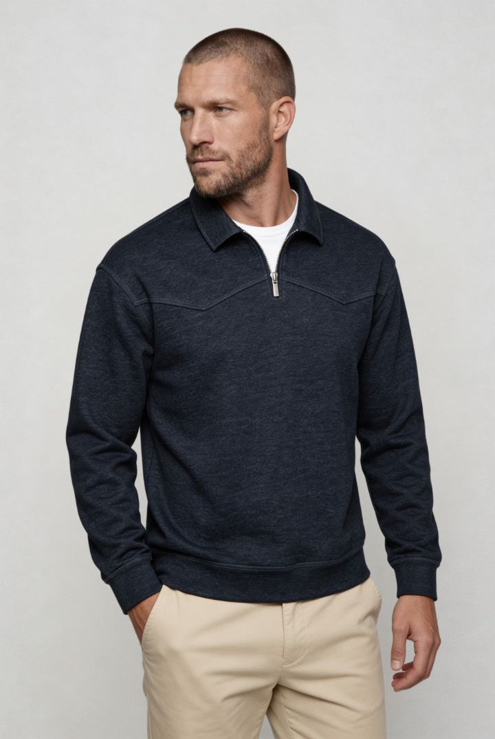 Men’s navy cotton quarter zip sweater with structured collar and ribbed cuffs side