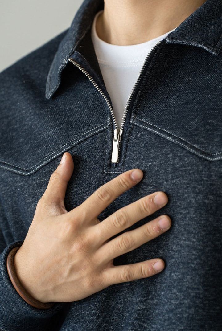 Men’s navy cotton quarter zip sweater with structured collar and ribbed cuffs close up