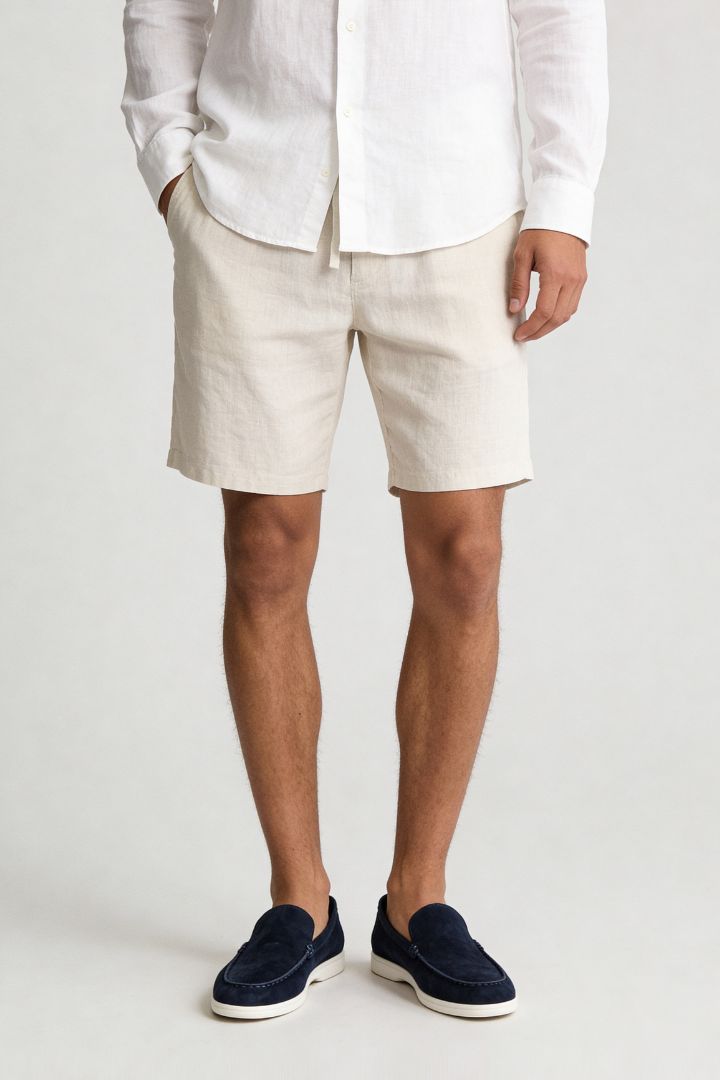 Men’s 100% linen sand drawstring shorts with elastic waist and relaxed summer fit