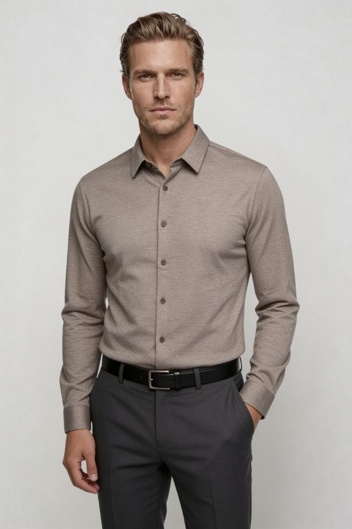 mens structured knit dress shirt taupe smart casual shirt