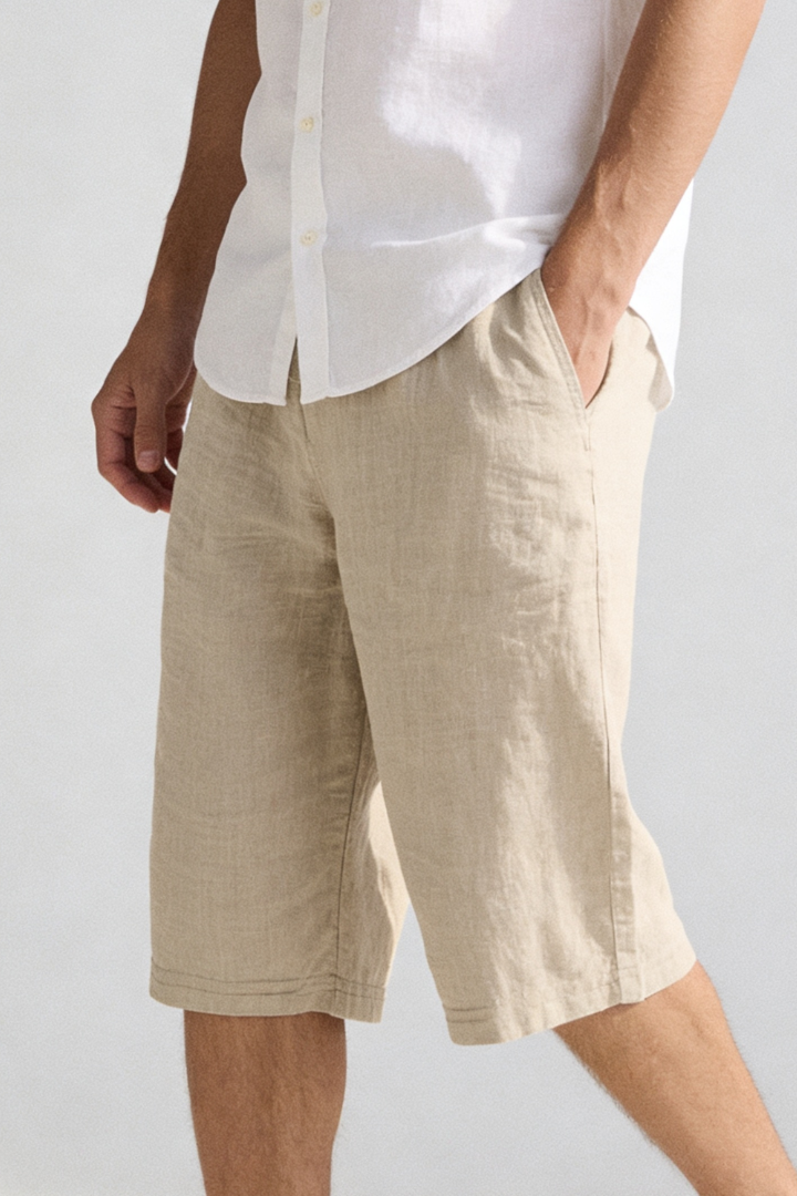 Trevor Linen Drawstring Capri Shorts - Beige