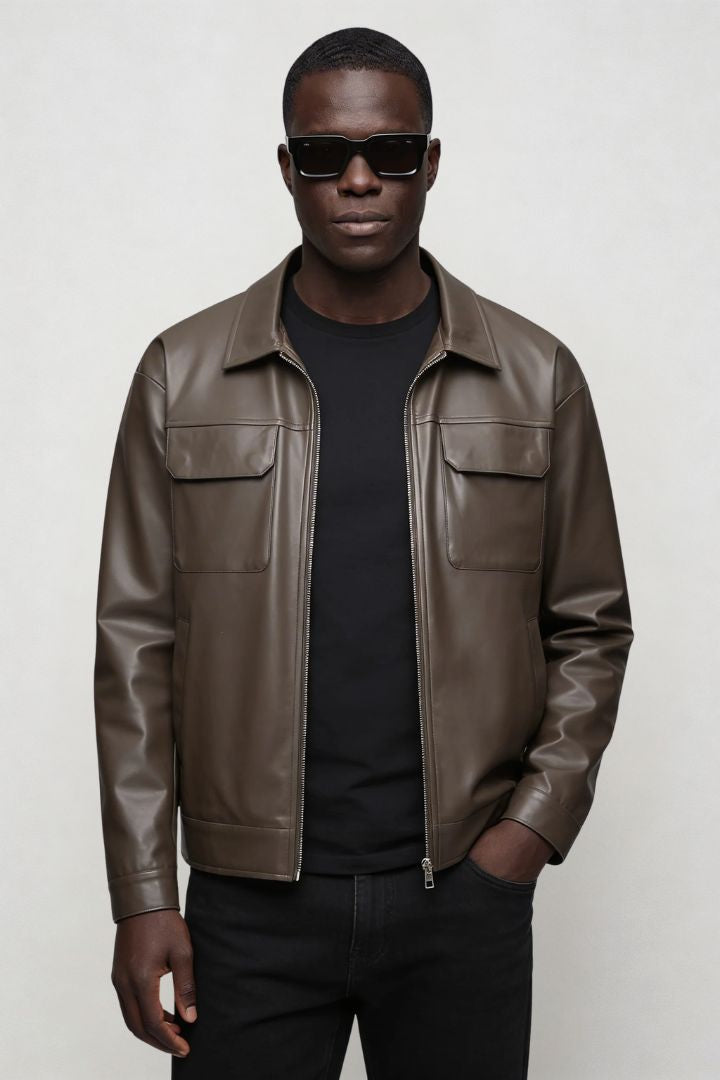 David Faux Leather Jacket - Espresso Brown