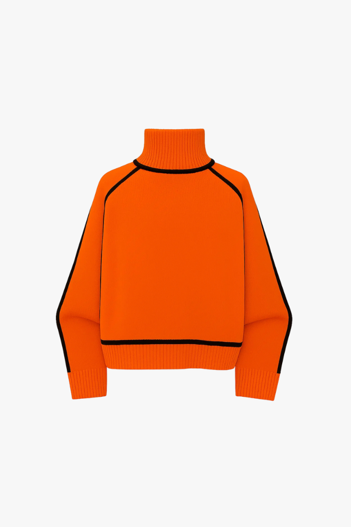 Orange turtleneck sweater with black accents on a white background