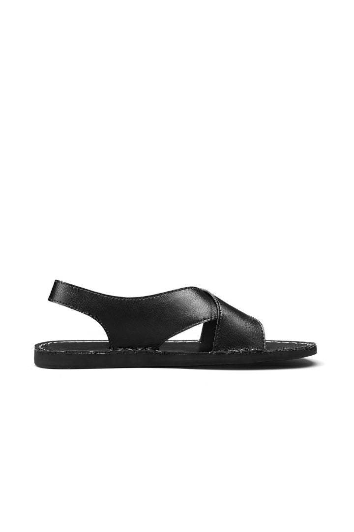 Men’s black leather cross-strap sandals with adjustable heel strap and stitched sole detail side view