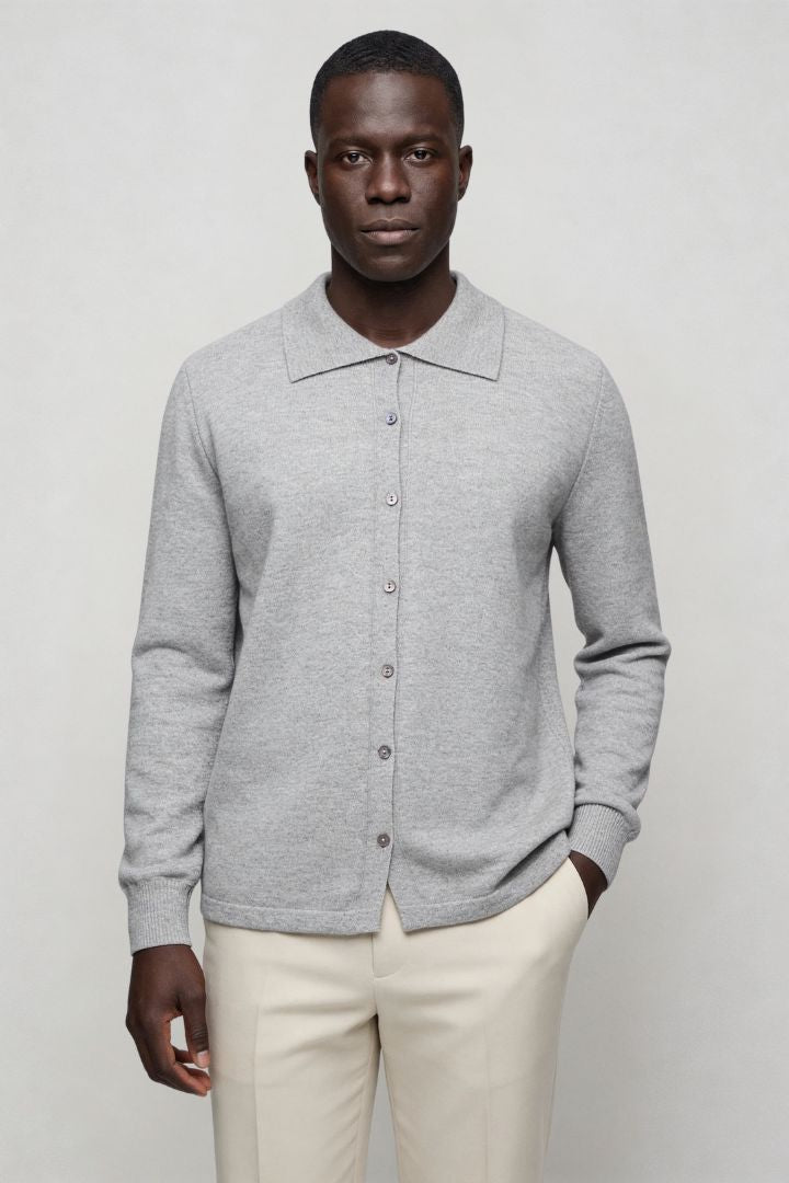 Men’s 100% wool gray knit cardigan sweater with button front and classic collar design