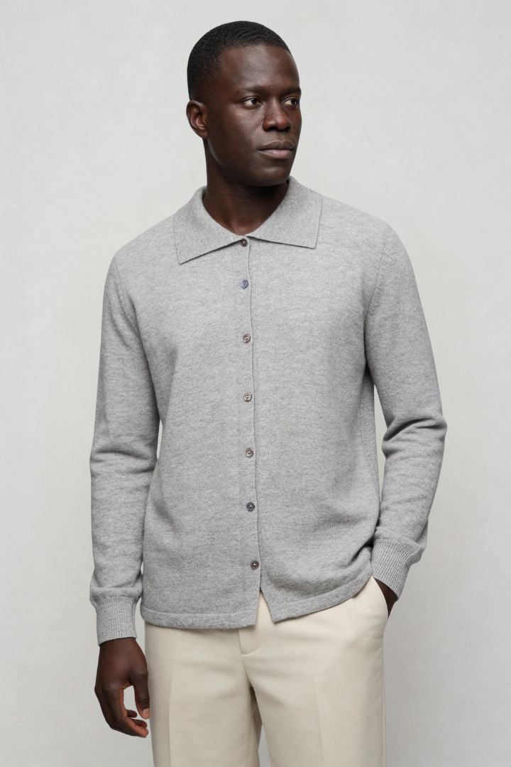 Men’s 100% wool gray knit cardigan sweater with button front and classic collar design front view