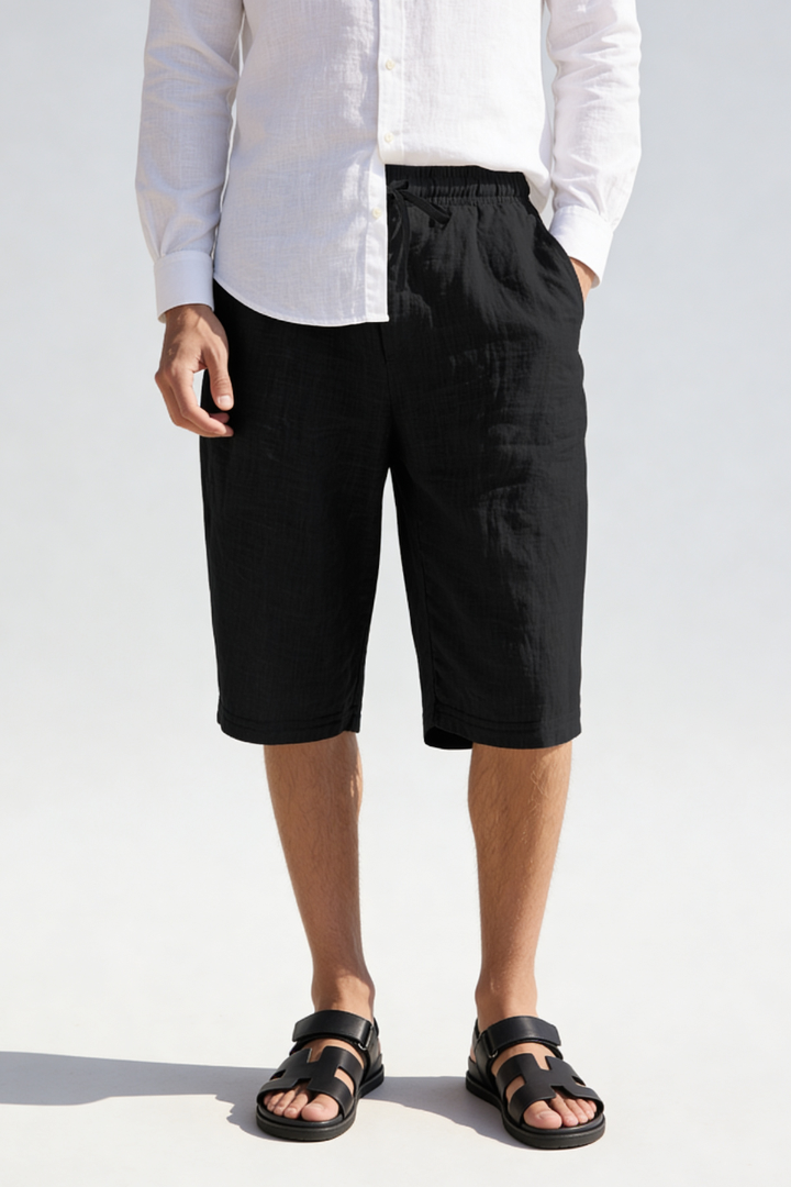 Trevor Linen Drawstring Capri Shorts - Black