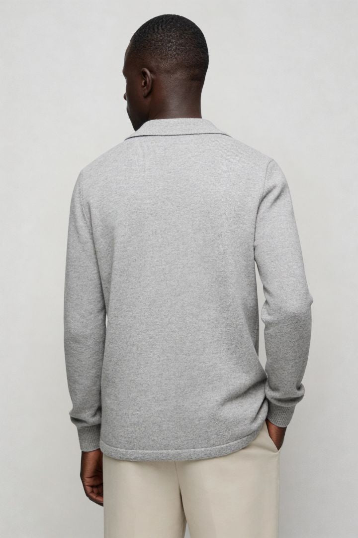 Men’s 100% wool gray knit cardigan sweater with button front and classic collar design back view