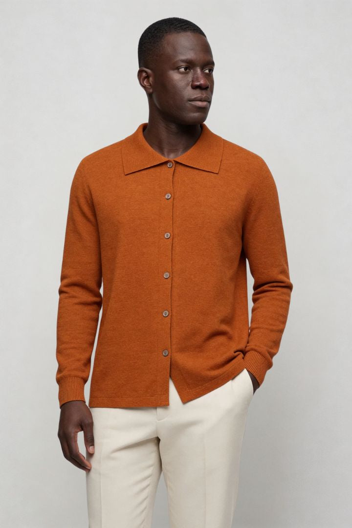 Men’s 100% wool knit cardigan sweater in orange with button front and classic collar design front view