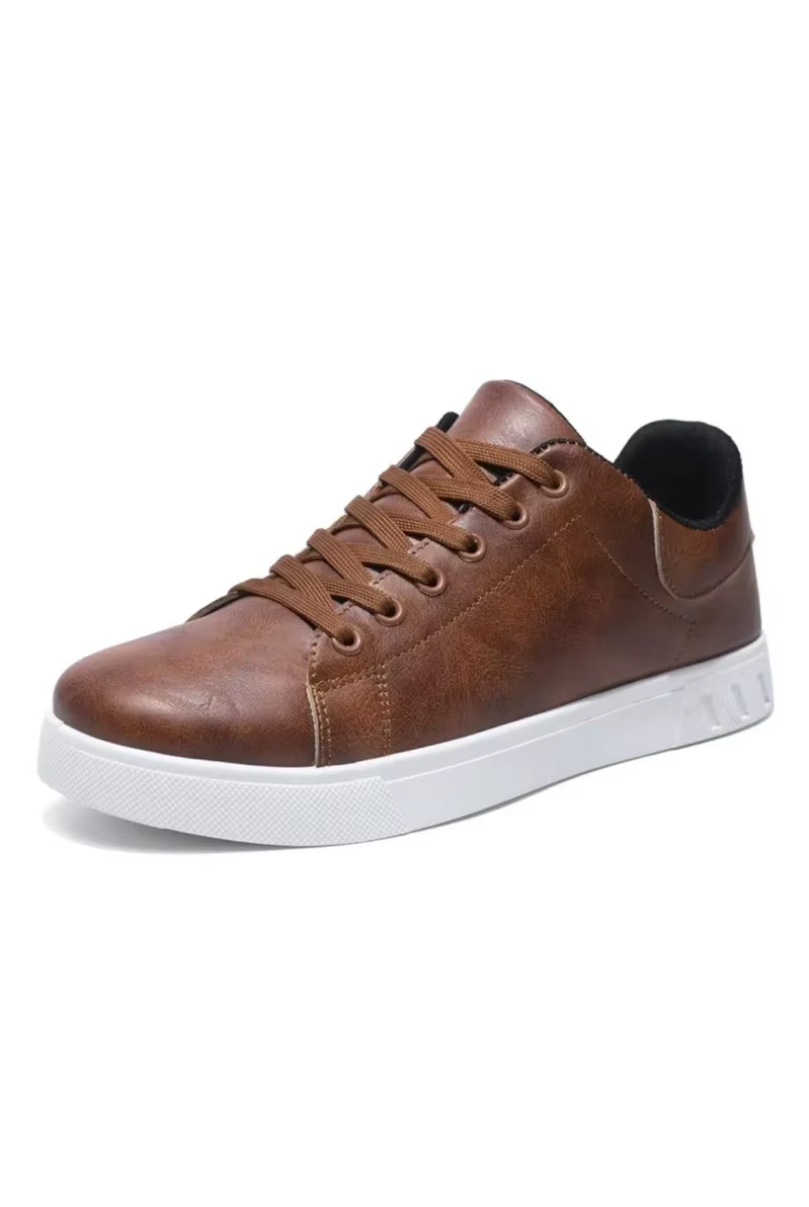 Brown leather sneaker with white sole on a white background