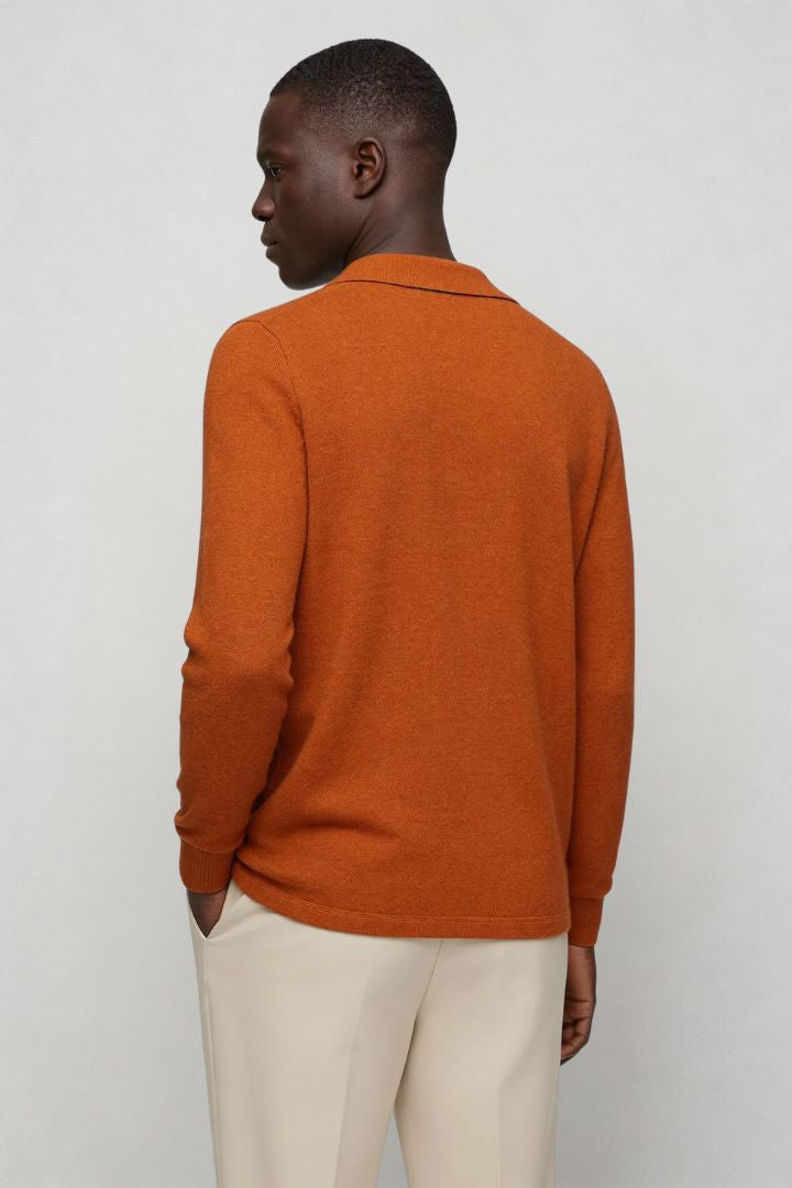 Men’s 100% wool knit cardigan sweater in orange with button front and classic collar design back view