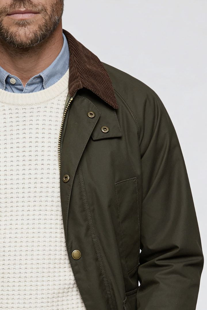 Men’s cotton field jacket with corduroy collar and utility pocket design close-up