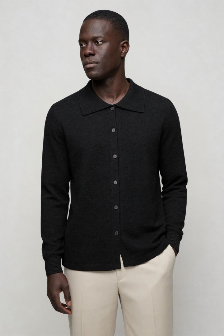 Men’s 100% wool knit cardigan sweater in black with button front and classic collar design front view