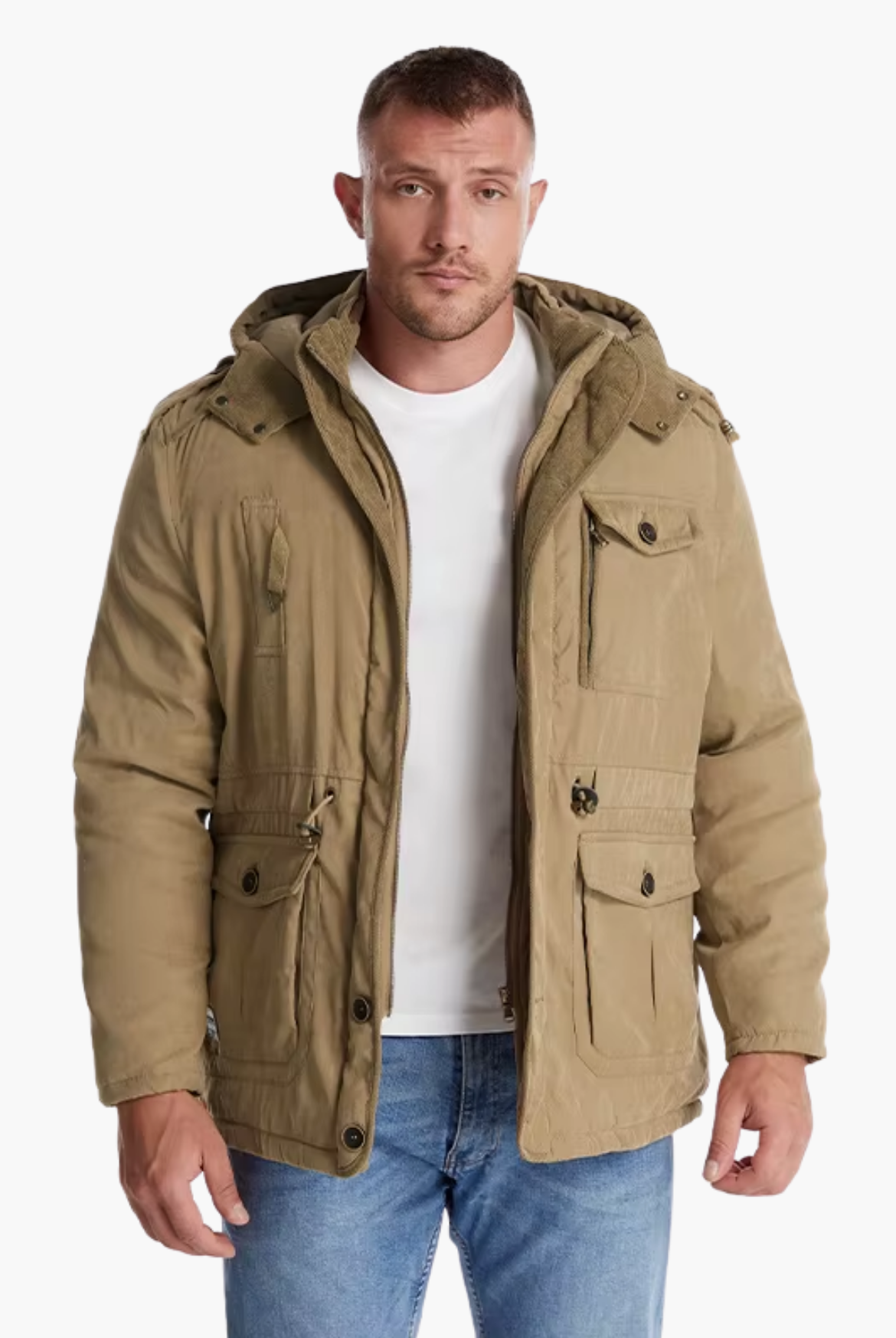 Man wearing a beige parka jacket on a white background