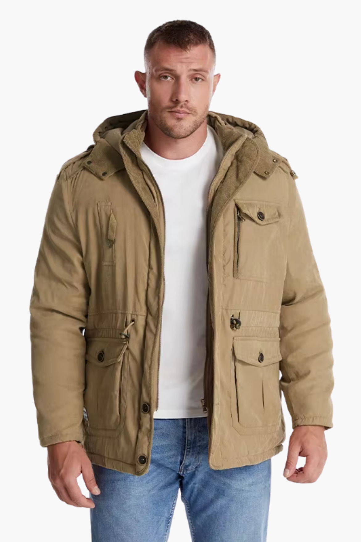 Man wearing a beige parka jacket on a white background