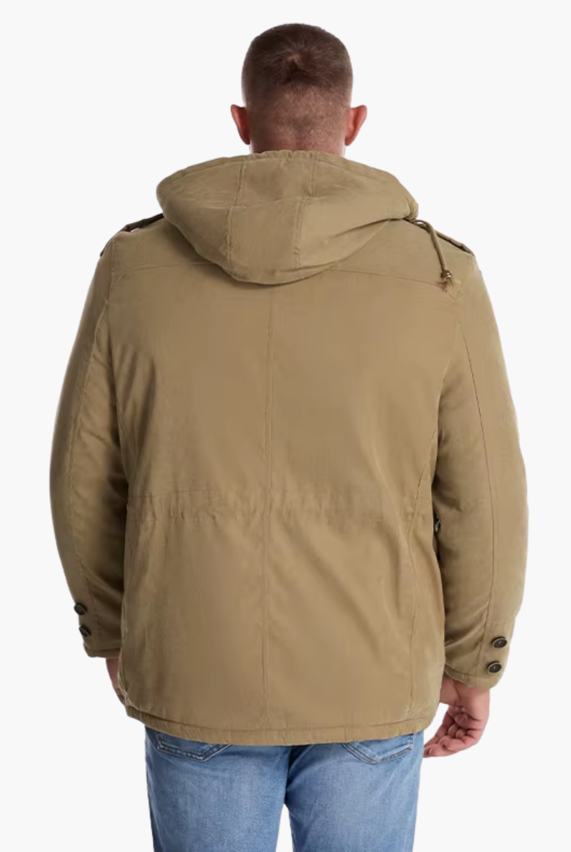 Person wearing a brown jacket with a hood on a white background