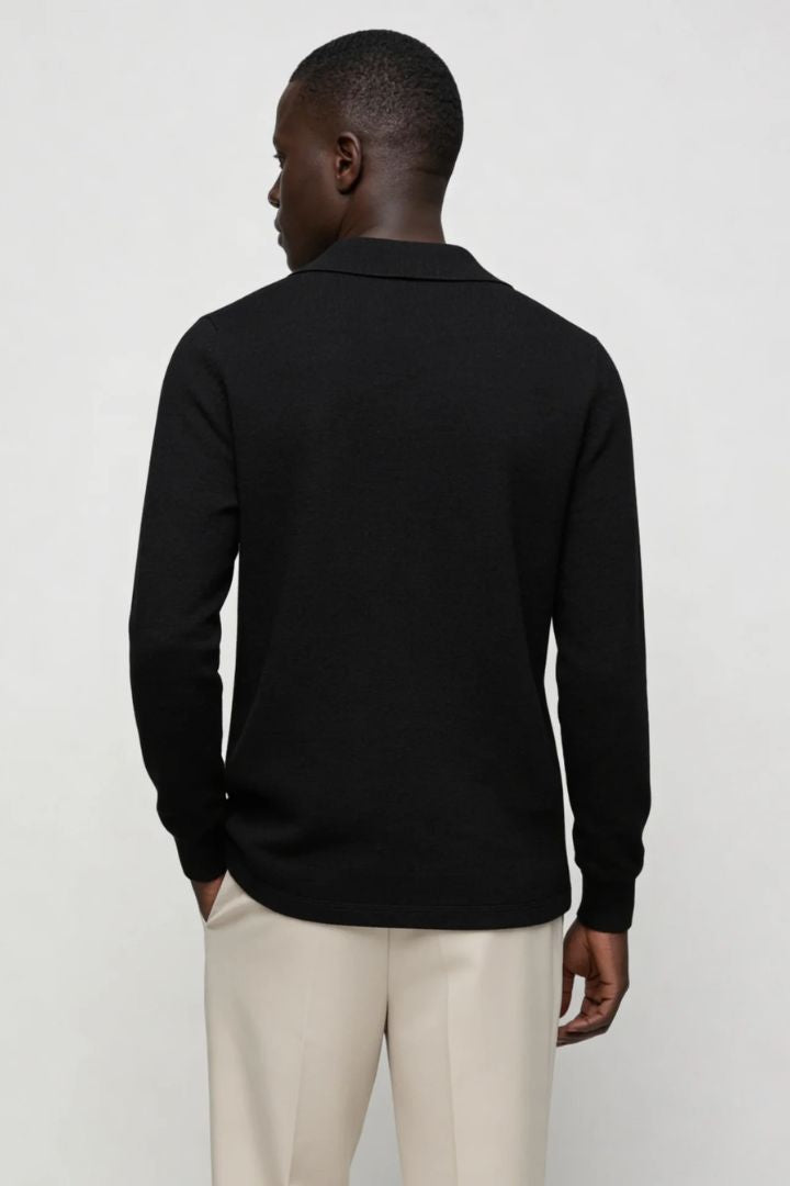 Men’s 100% wool knit cardigan sweater in black with button front and classic collar design back view