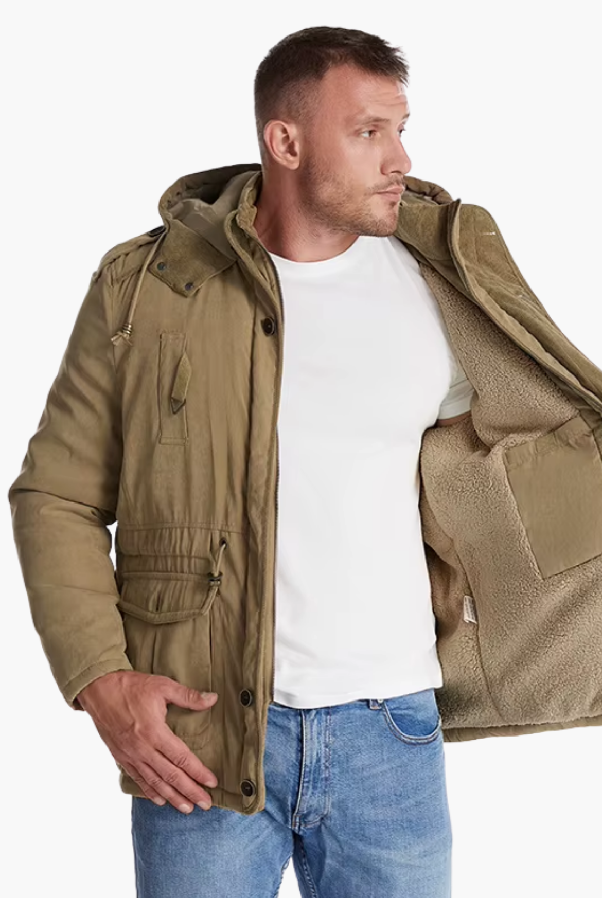 Man wearing a brown jacket with a hood on a white background