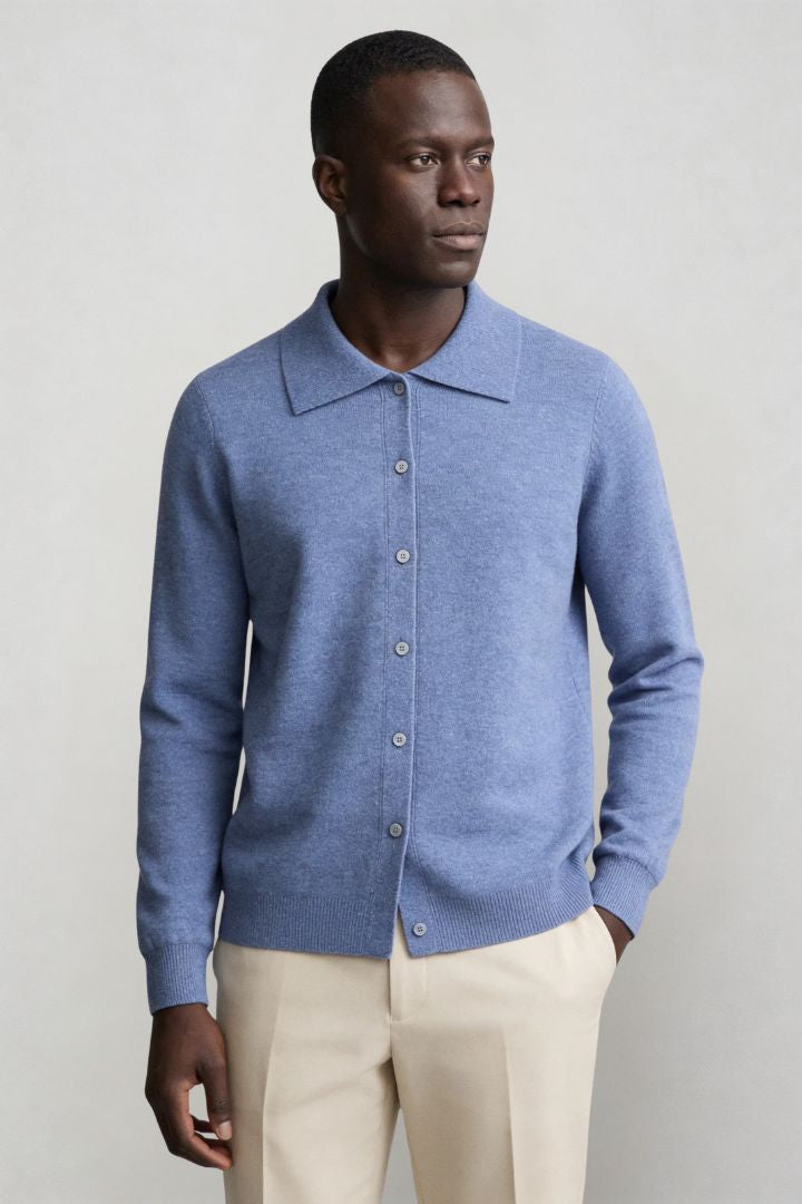 Men’s 100% wool knit cardigan sweater in blue with button front and classic collar design front view