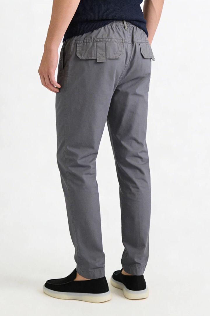 Men’s Gray Cotton Drawstring Trousers – back view, smart-casual fit