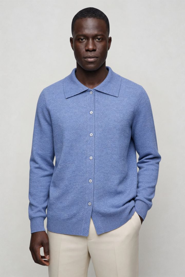 Men’s 100% wool knit cardigan sweater in blue with button front and classic collar design