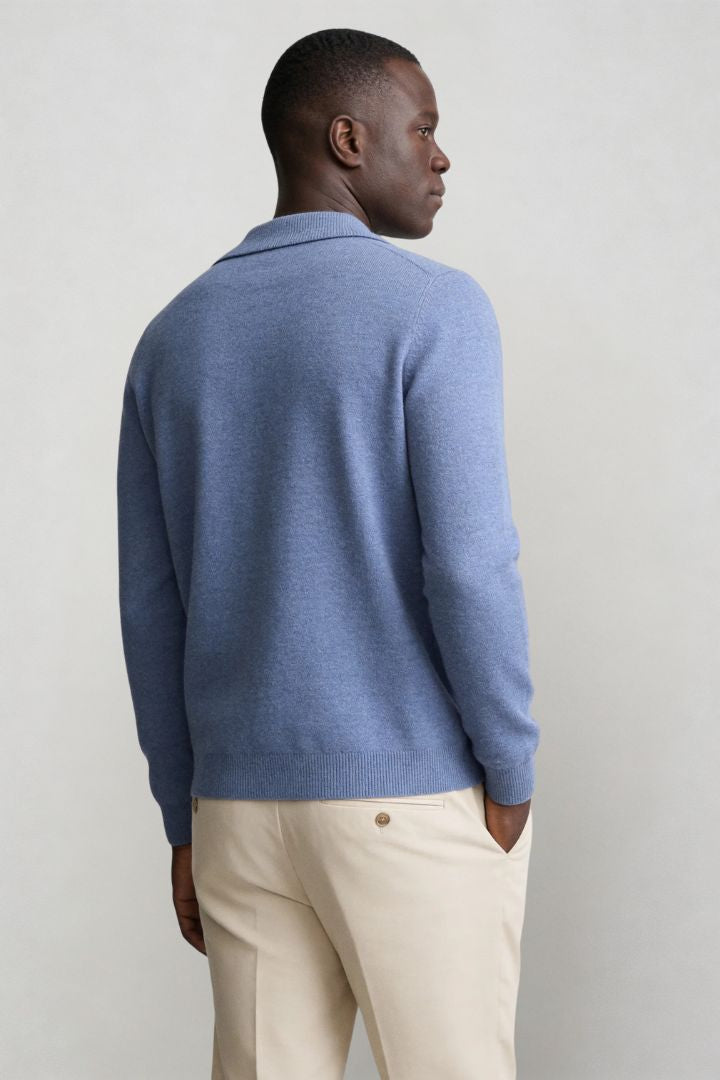Men’s 100% wool knit cardigan sweater in blue with button front and classic collar design back view