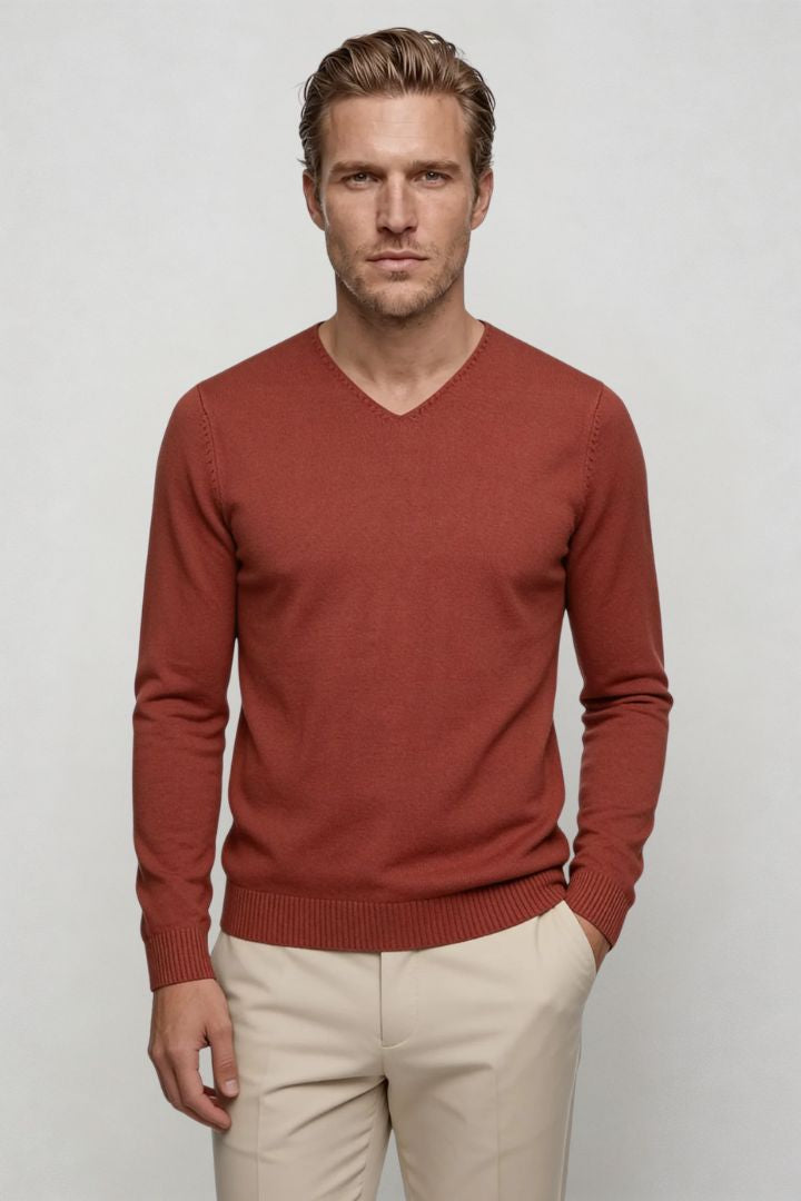 Men’s red lightweight V-neck knit sweater with ribbed cuffs and clean slim silhouette