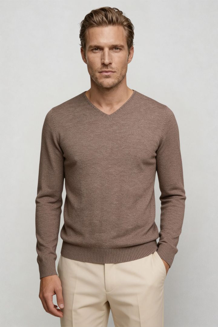 Men’s taupe lightweight V-neck knit sweater with ribbed cuffs and clean slim silhouette