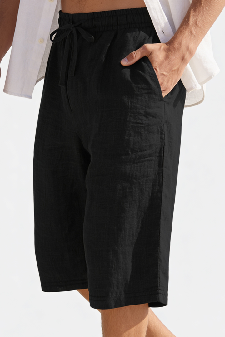 Trevor Linen Drawstring Capri Shorts - Black