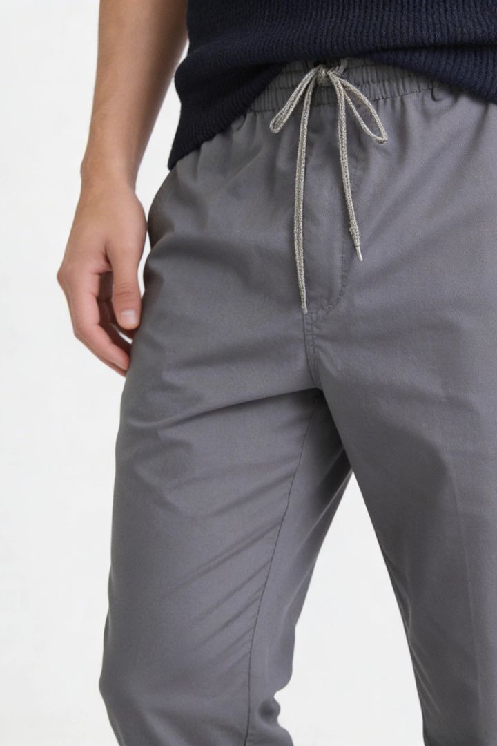 Men’s Gray Cotton Drawstring Trousers – close-up view, smart-casual fit