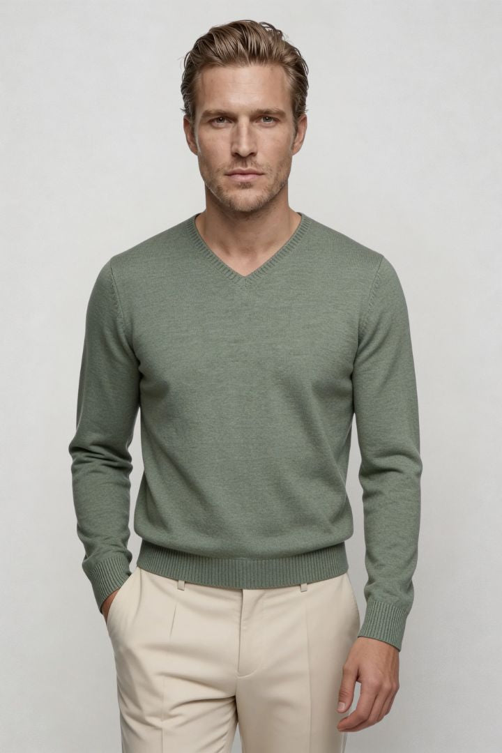Men’s green lightweight V-neck knit sweater with ribbed cuffs and clean slim silhouette