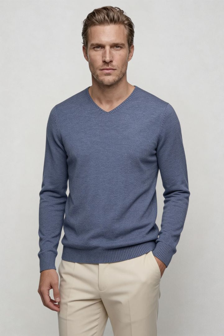 Men’s blue lightweight V-neck knit sweater with ribbed cuffs and clean slim silhouette