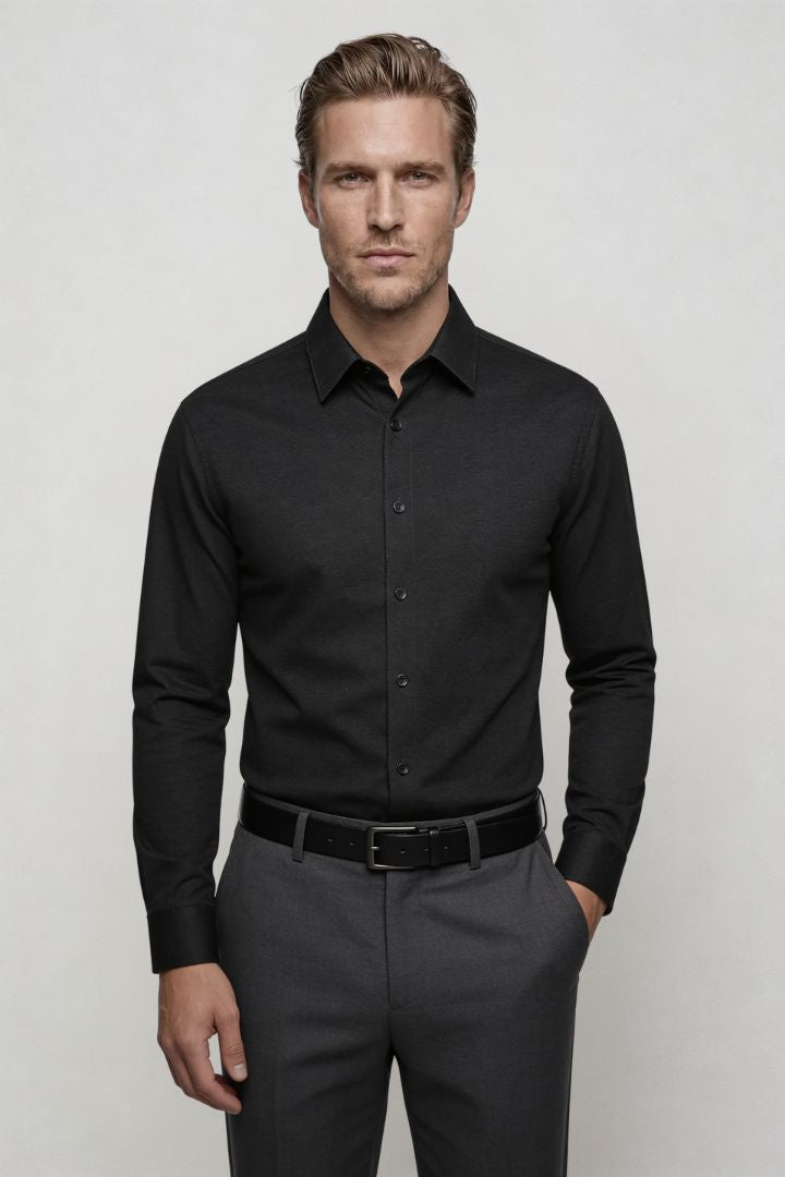 mens structured knit dress shirt black smart casual shirt front view