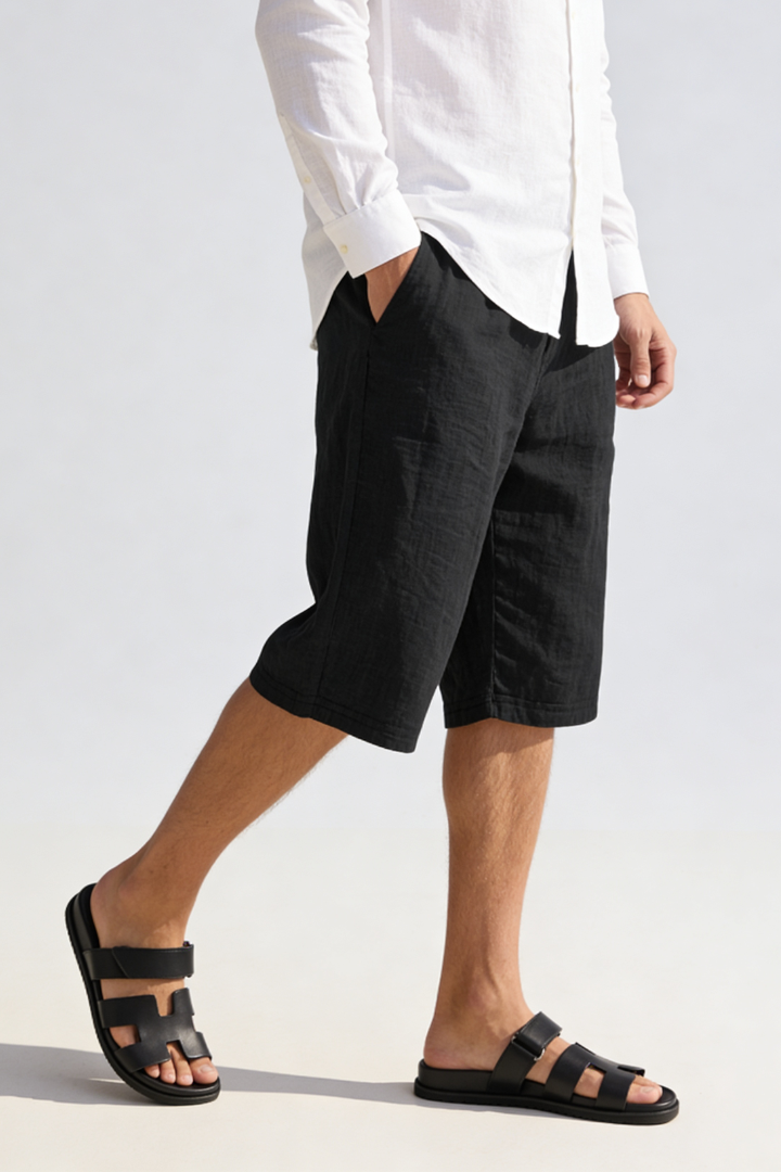 Trevor Linen Drawstring Capri Shorts - Black