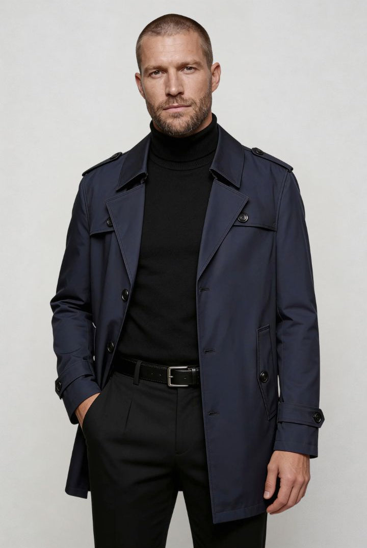 men’s navy mid-length tailored coat smart casual trench jacket structured fit