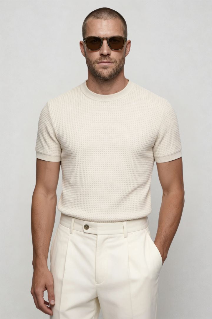 Lavencio Men’s slim fit textured cotton knit short sleeve t-shirt in cream beige front
