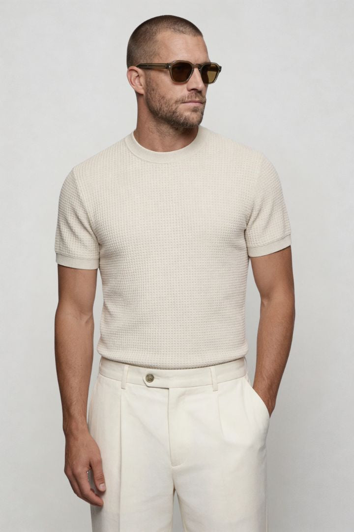 Lavencio Men’s slim fit textured cotton knit short sleeve t-shirt in cream beige