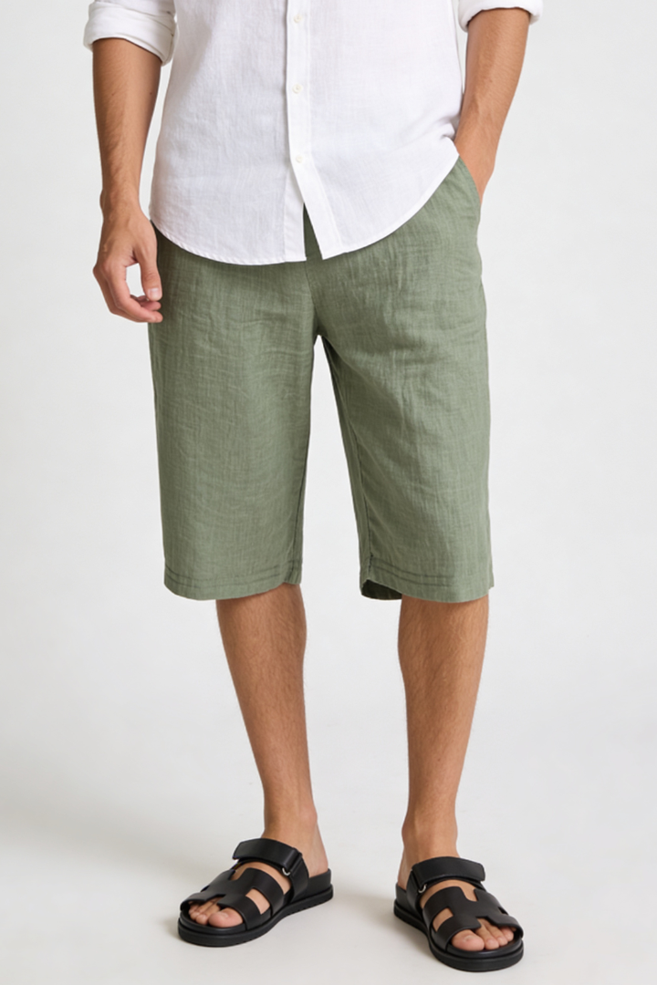 Trevor Linen Drawstring Capri Shorts - Green