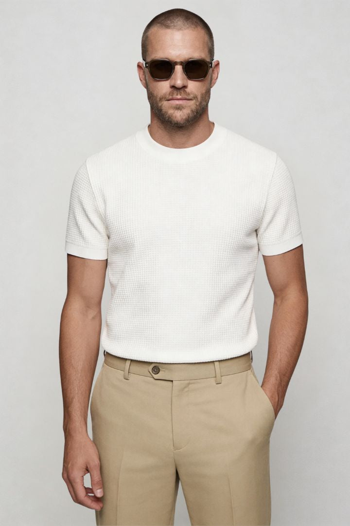 Lavencio Men’s slim fit textured cotton knit short sleeve t-shirt in cream white