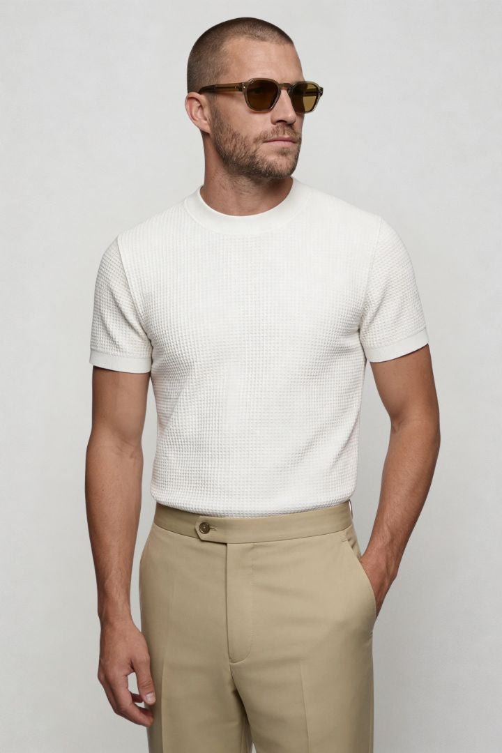 Lavencio Men’s slim fit textured cotton knit short sleeve t-shirt in cream white