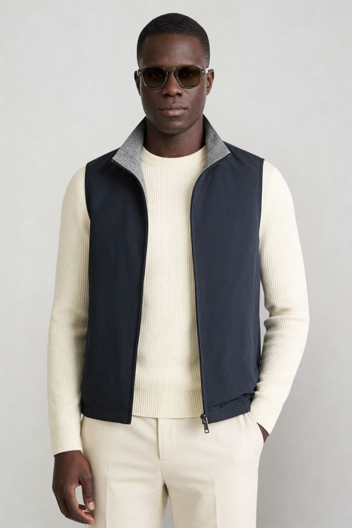 Lavencio Men’s slim fit reversible lightweight zip vest for smart casual layering navy front