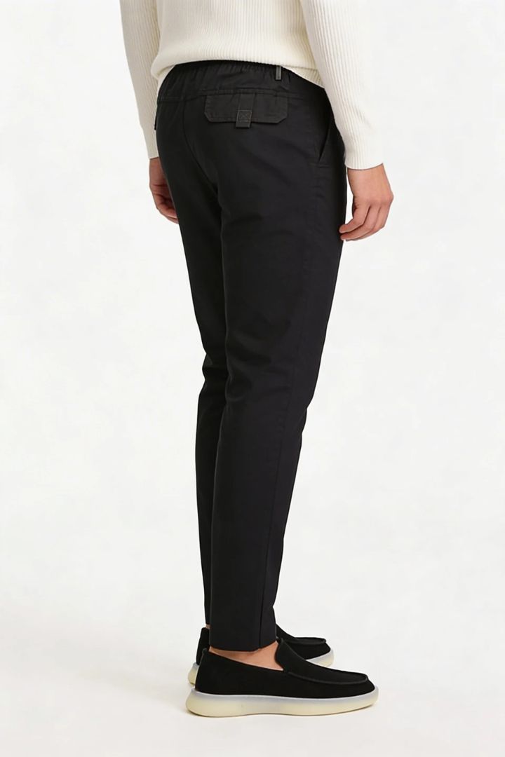Men’s Black Cotton Drawstring Trousers – back view, clean everyday trousers