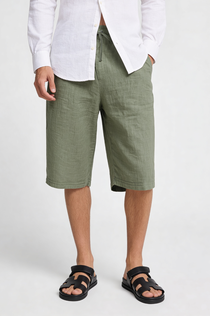 Trevor Linen Drawstring Capri Shorts - Green