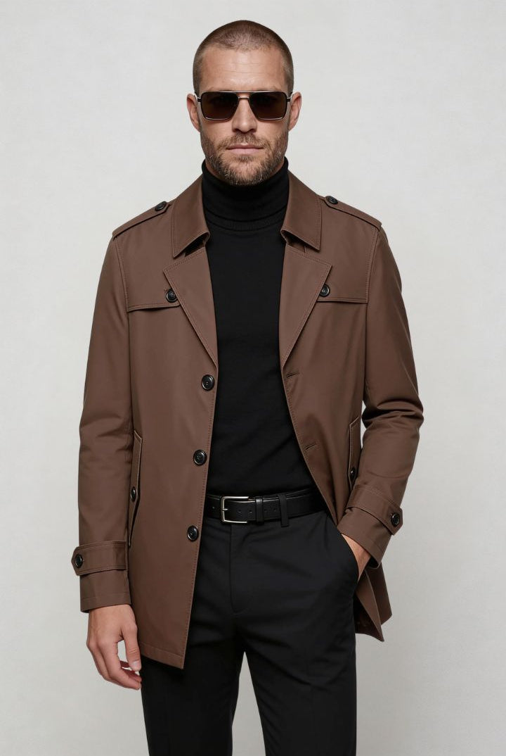 men’s brown mid-length tailored coat smart casual trench jacket structured fit