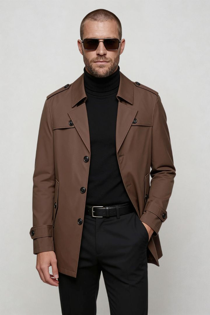 men’s brown mid-length tailored coat smart casual trench jacket structured fit