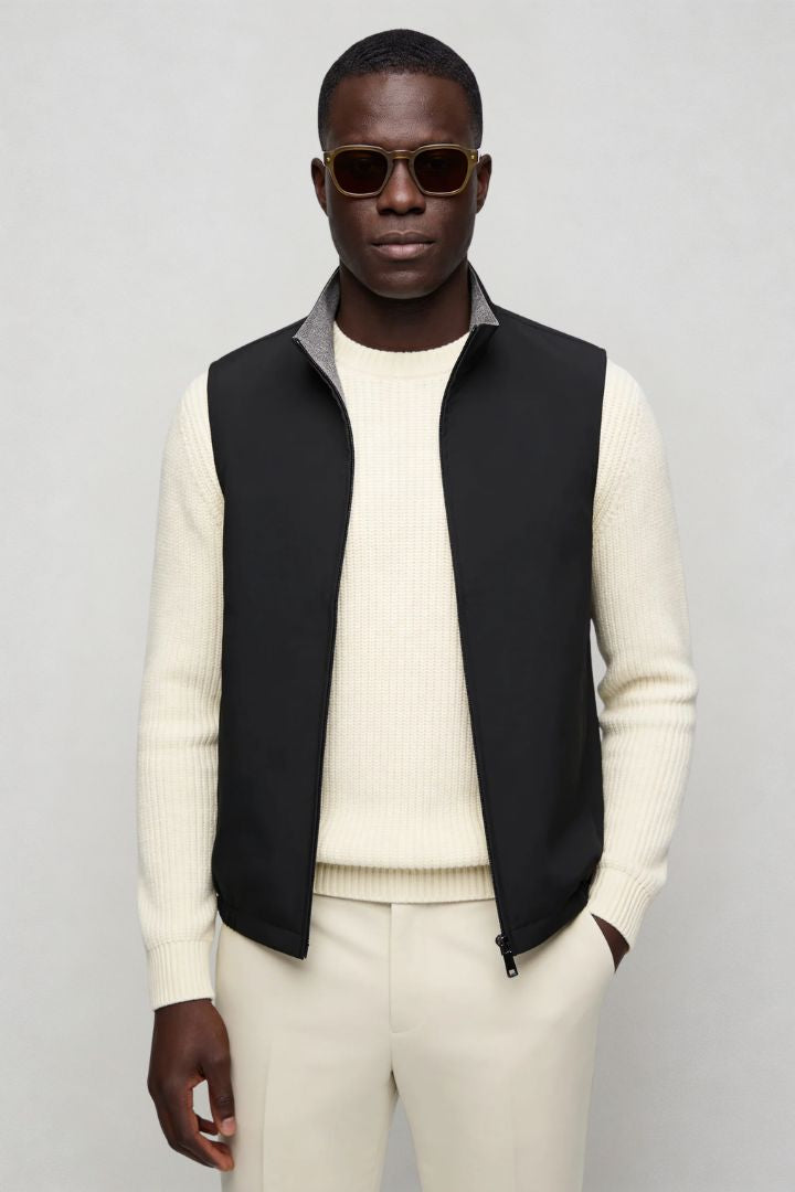 Men’s slim fit reversible lightweight zip vest for smart casual layering black