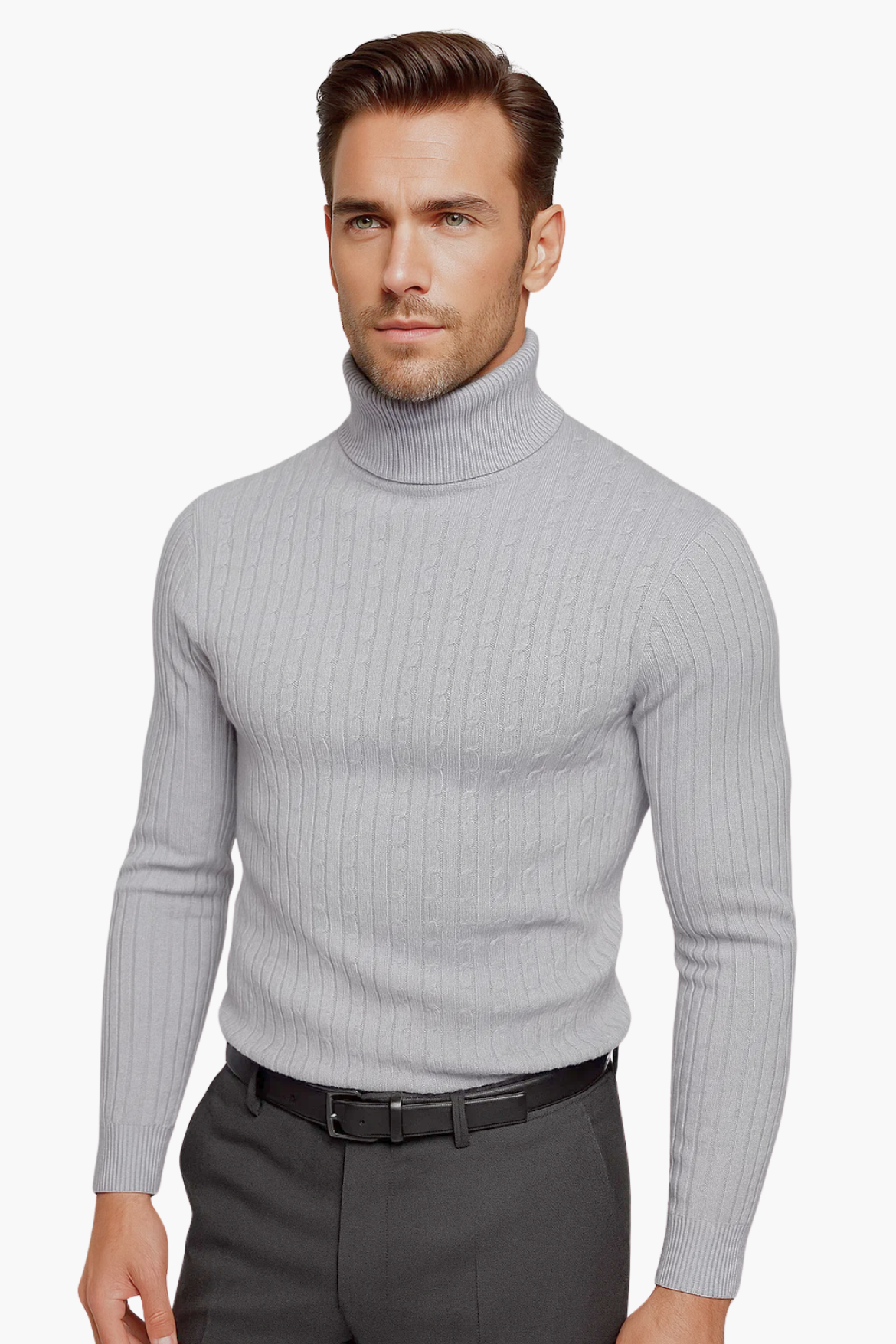 Man wearing a gray turtleneck sweater and dark pants on a white background